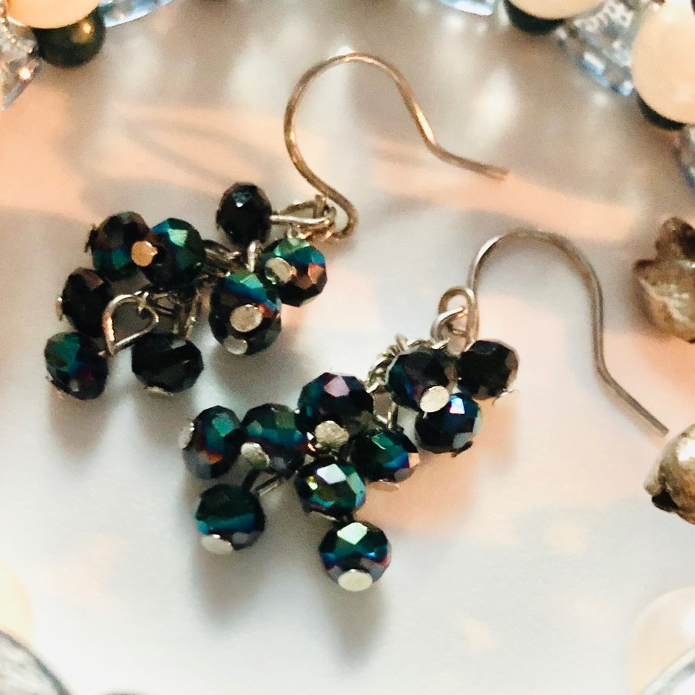 Sparkly teal/navy grape shape geometric earrings